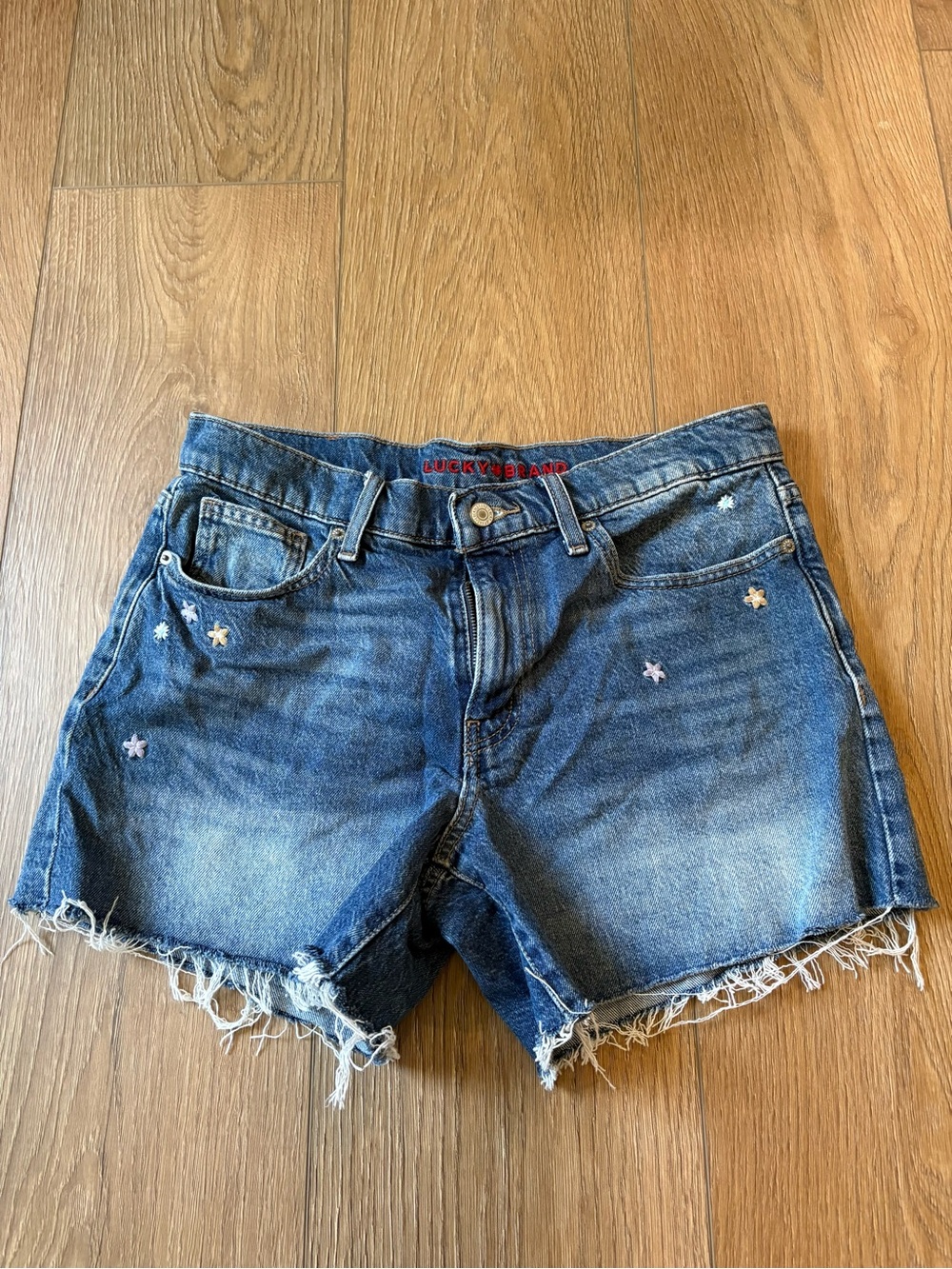 Lucky Brand Medium Blue Embroidered Denim Cutoff Shorts